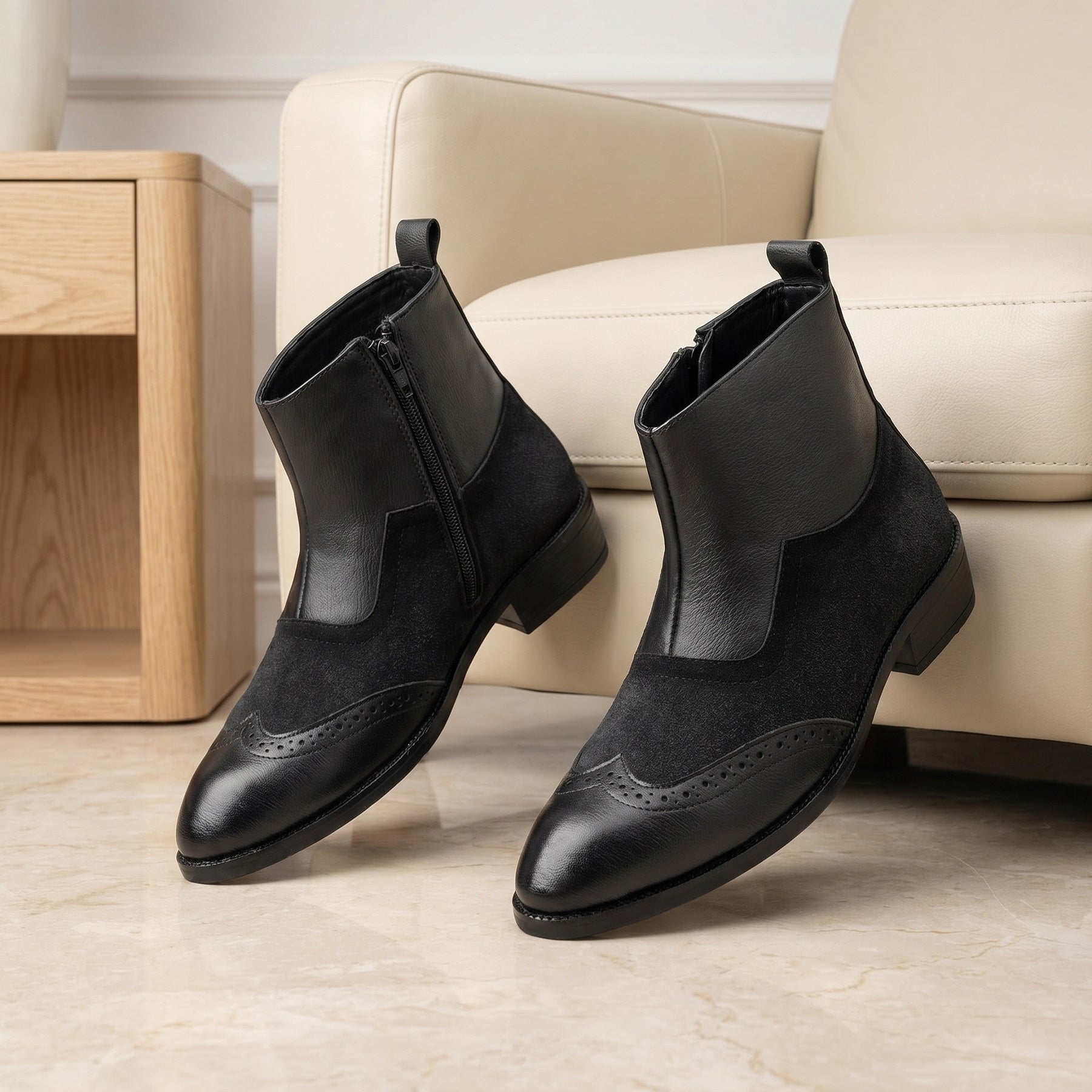 BAXXICO Luxury Elevated Heel Boots with Classic Brogue Texture Finish