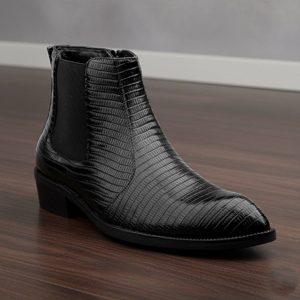 BAXXICO Mens Signature Black Patterned Vegan Leather Boot Dress to Impress