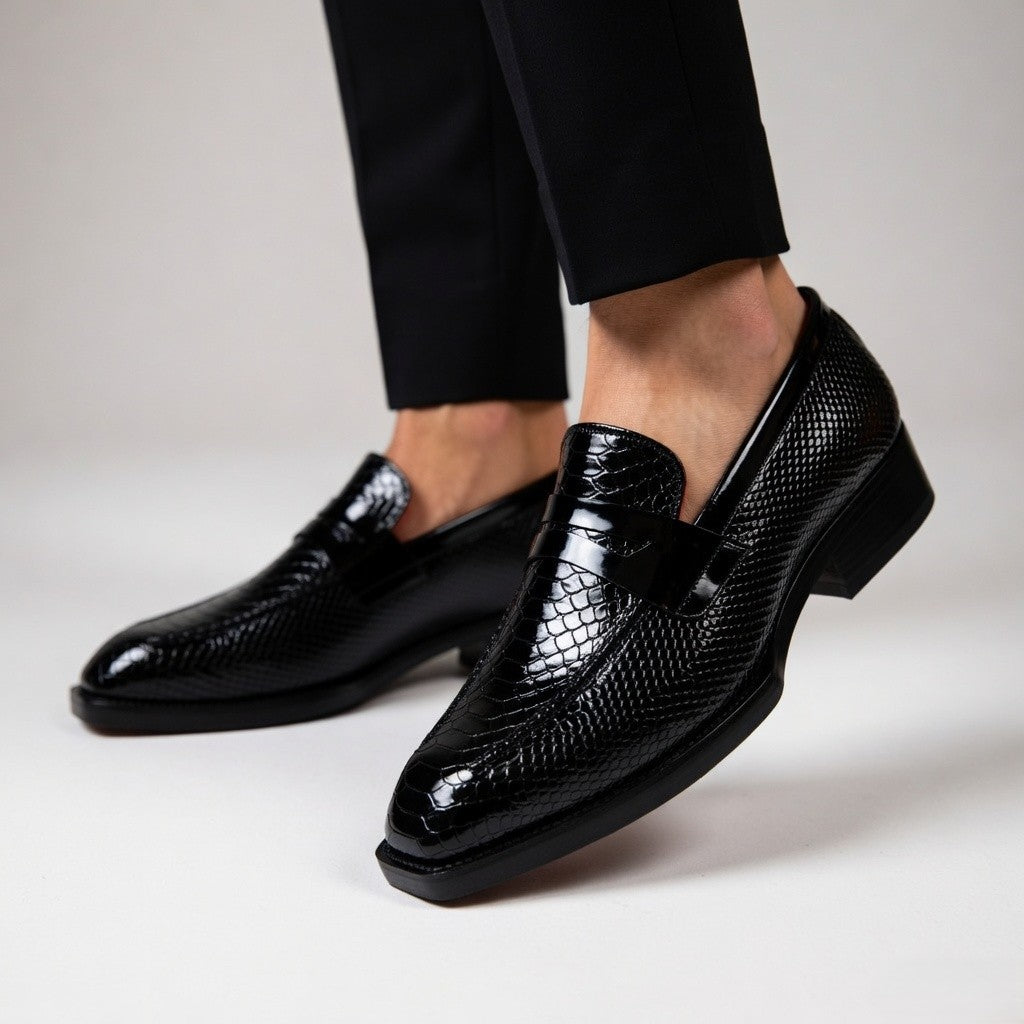 BAXXICO Premium Crocodile Texture Loafers with Elevated Heel Design