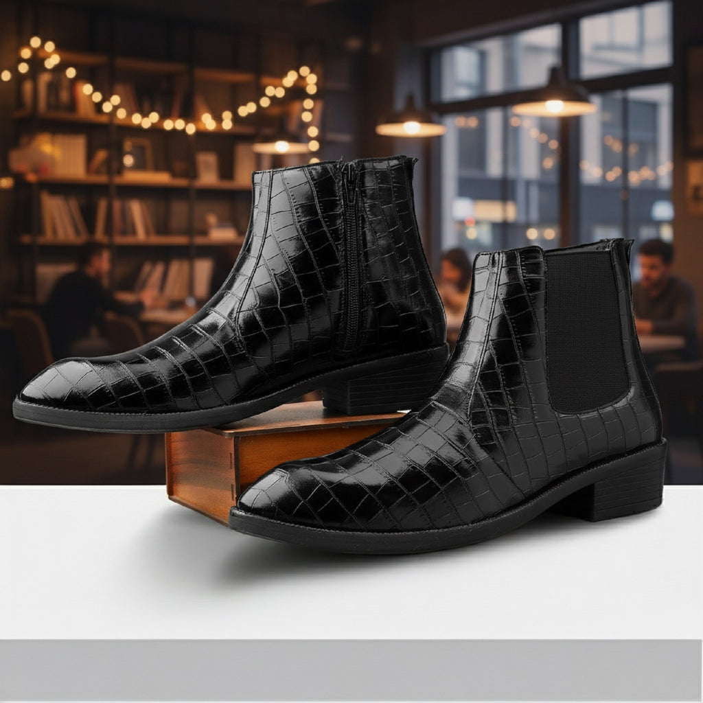 BAXXICO Mens Designer Croc Pattern Chelsea Boots Premium Vegan Leather & Classic Style