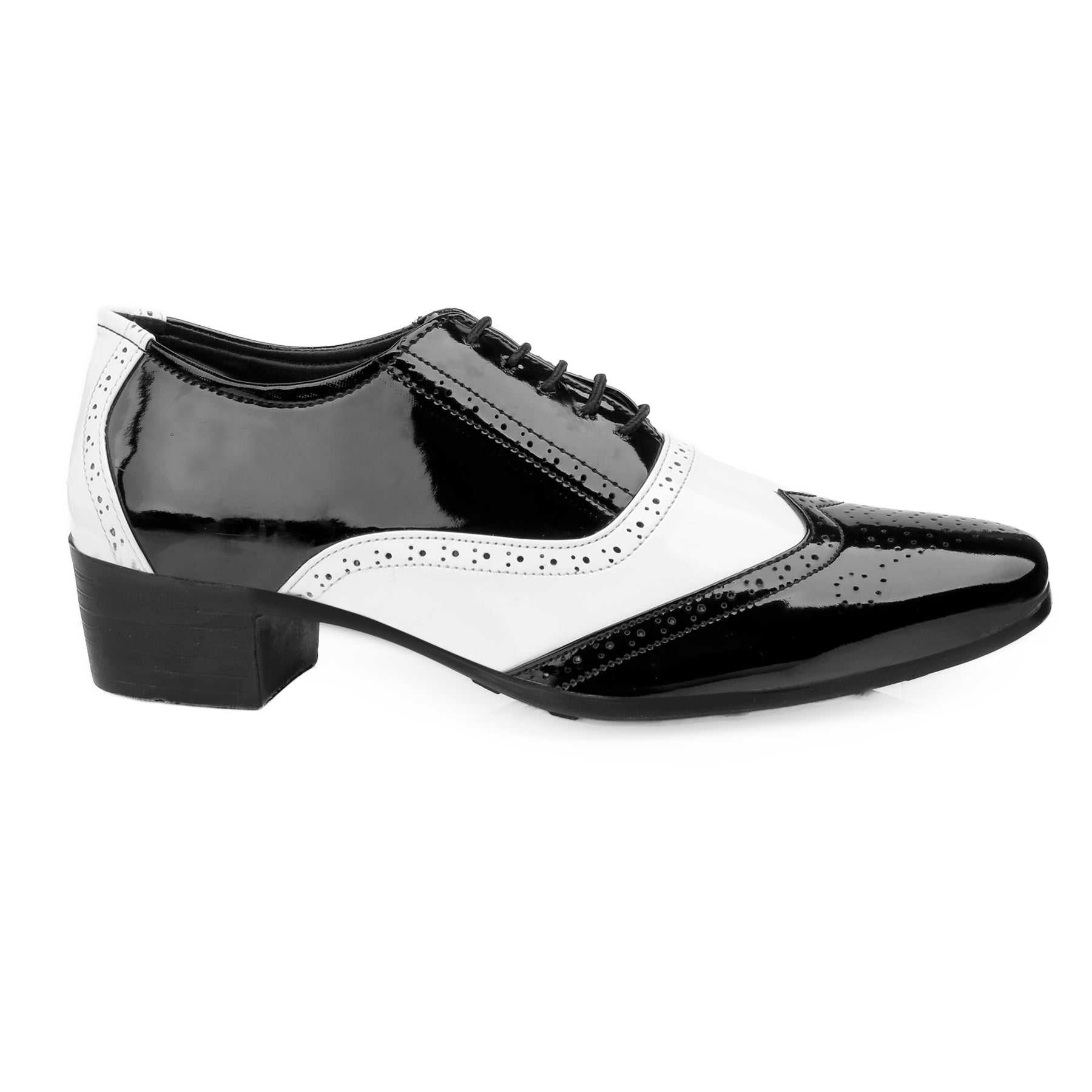 Mens Height Increasing Black and White Faux Vegan Leather Mafia Oxford Brogue Lace Up Shoes