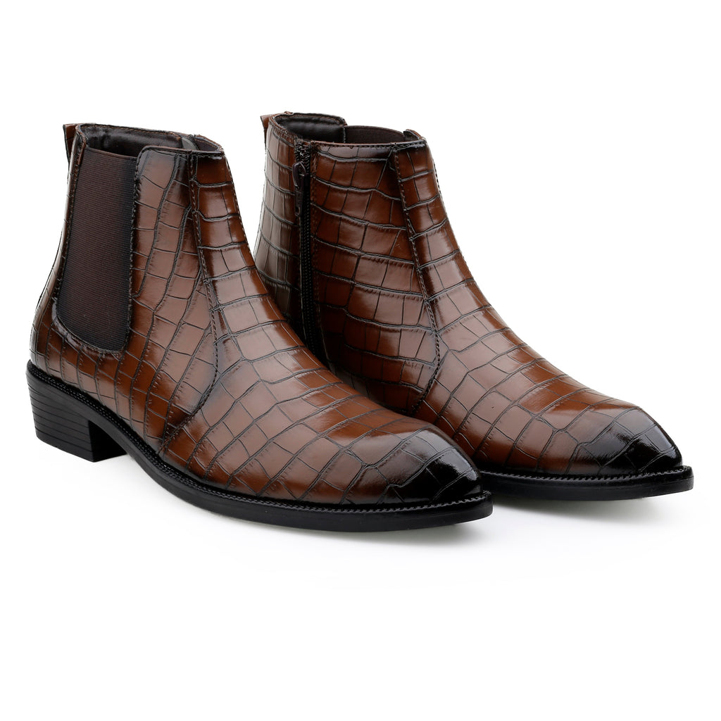 BAXXICO Mens Designer Croc Pattern Chelsea Boots Premium Vegan Leather & Classic Style